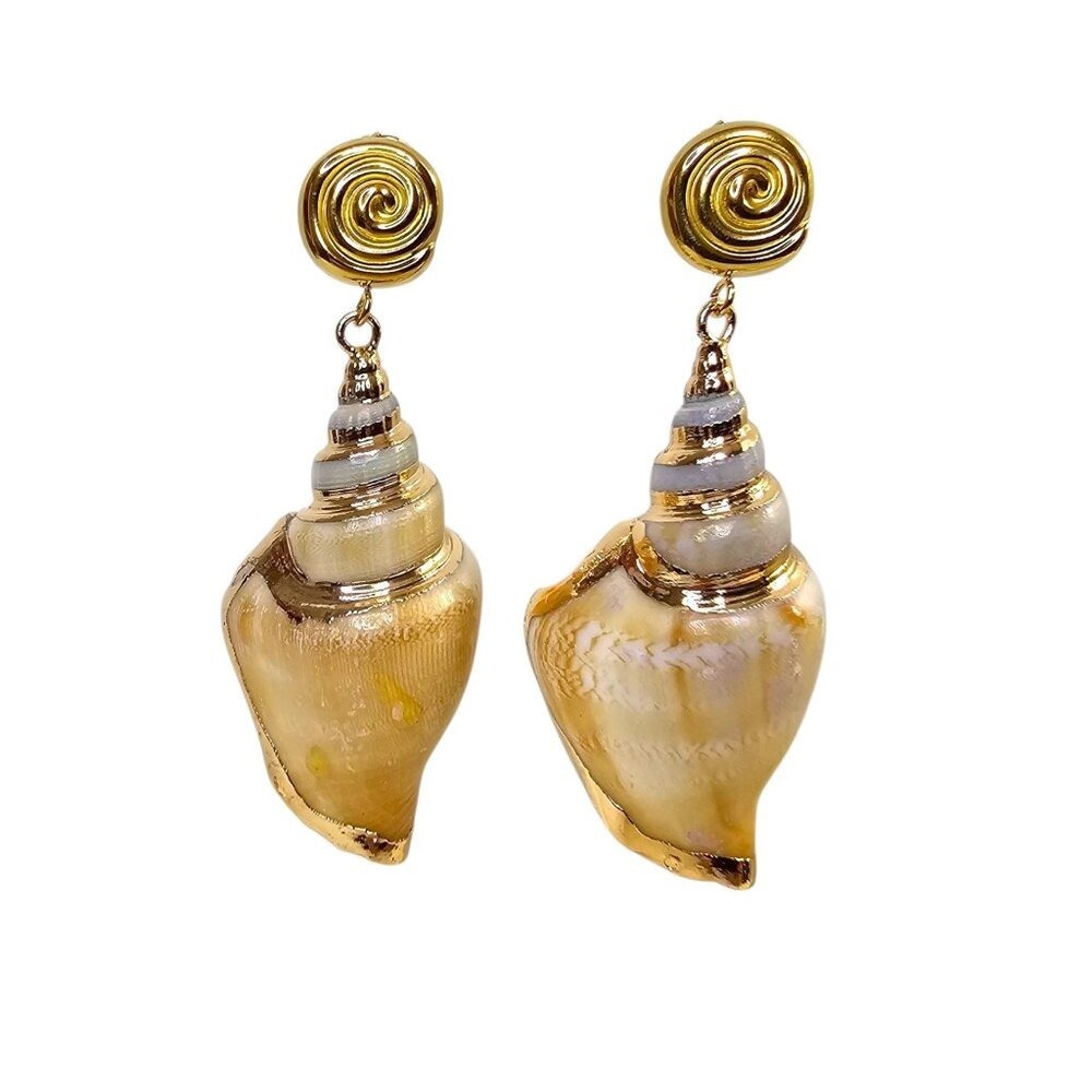 Artisan Boho Conch Shell Dangle Earrings Gold 18K Plated Festival‎ Eclectic